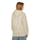 A person wears a beige Graffiti Bear Hoodie by Printify, featuring a white teddy bear illustration on the back, highlighting its eco-friendly production.