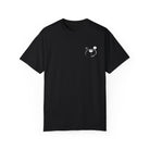 The What a Ride Tee by Printify is a black T-shirt made from 100% US cotton, featuring a minimalist smiling face with a star and circle design on the upper left chest.