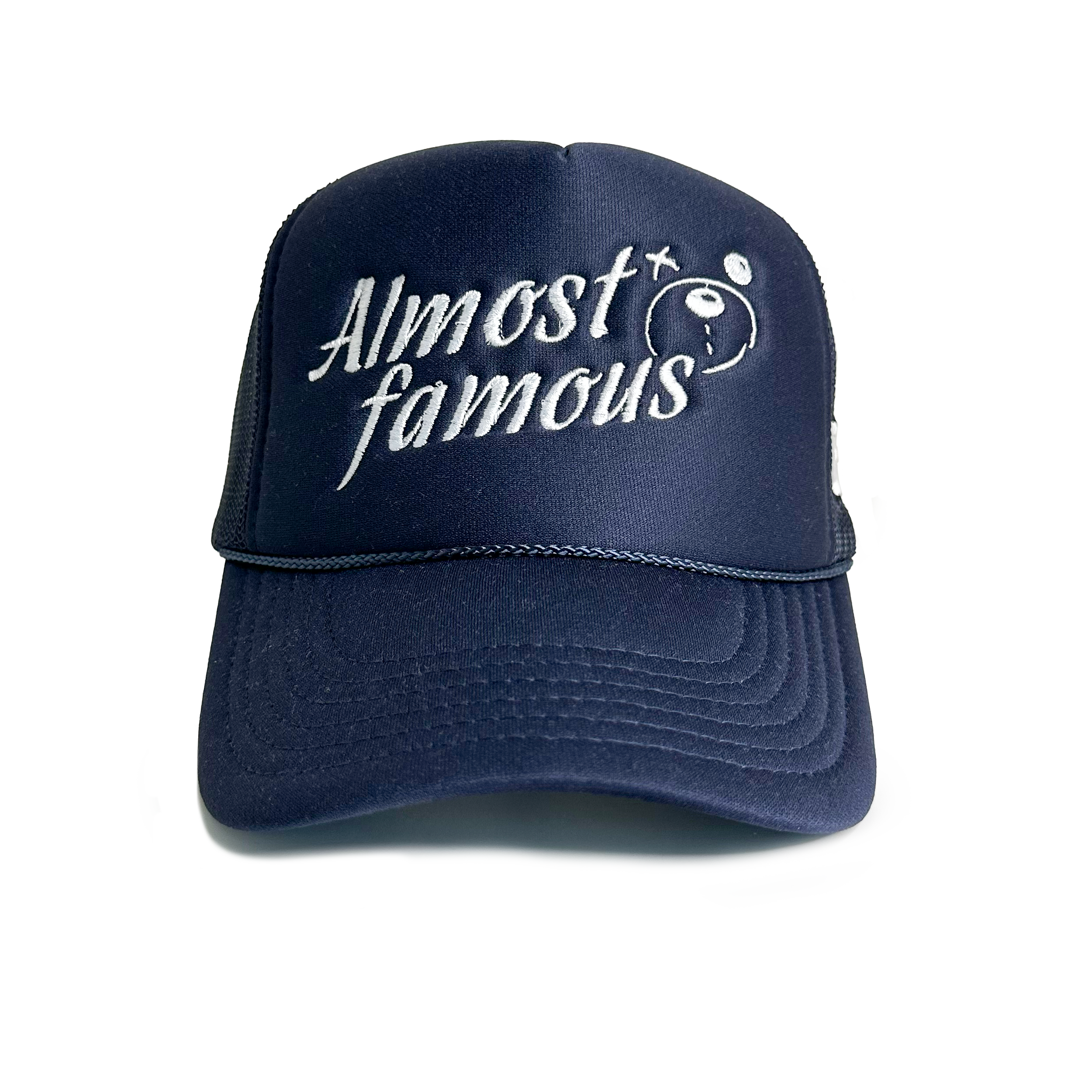 Navy blue high-crown fit snapback cap with "Almost Famous" embroidered in white on the front, available with next day shipping. Known as Almost Famous Trucker by Better Not.