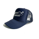 The "Almost Famous Trucker" from Better not is a dark blue, high-crown fit snapback hat featuring "Almost Famous" embroidered on the front. It includes a small design and the initials "Bn" on the side. Known for its stylish embroidered placements, this hat is available with next day shipping.