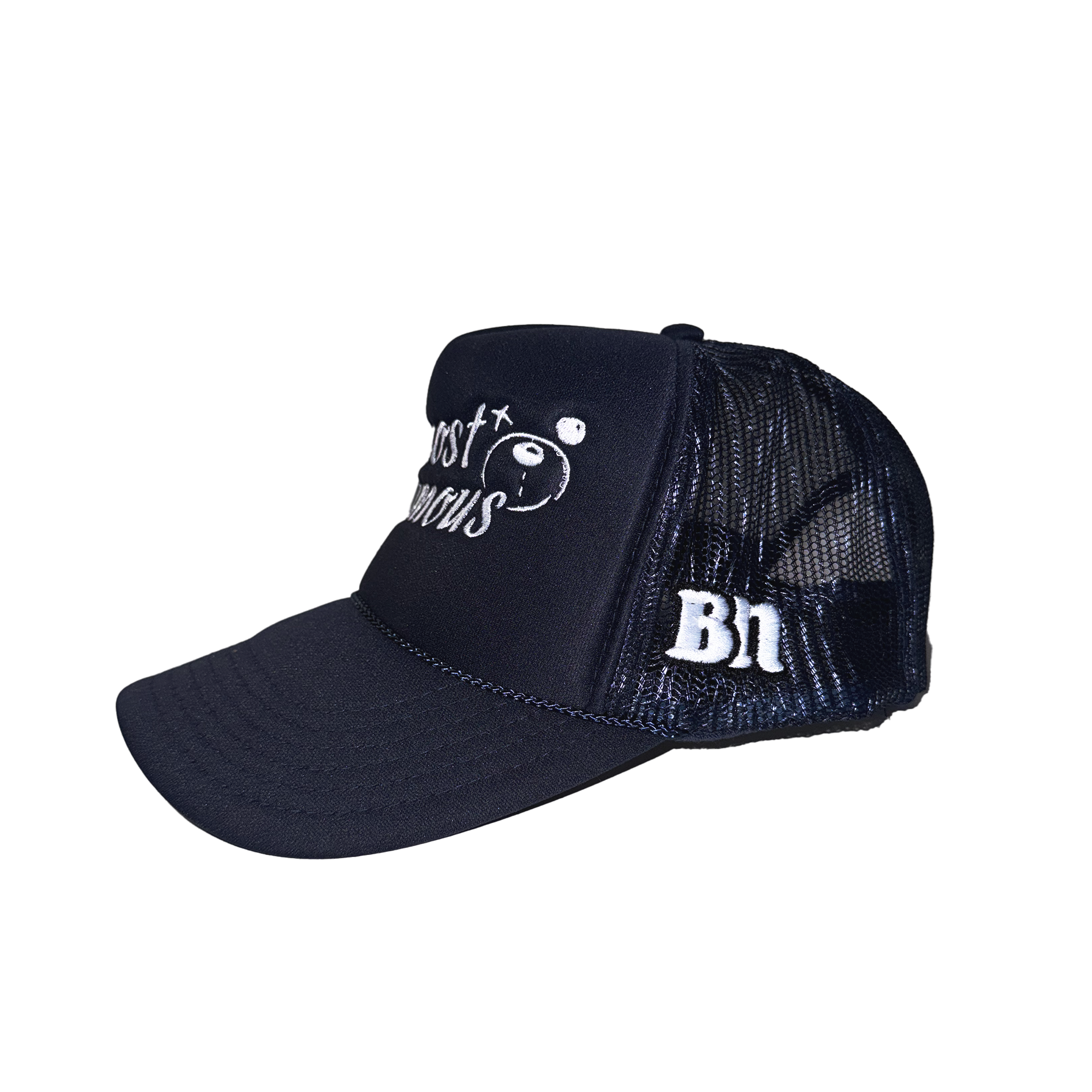 A black Almost Famous Trucker hat with a mesh back featuring a cartoon bear design and the text "just brows" embroidered on the front by Better not.