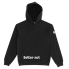 Black Bad Decisions Hoodie with a front pocket and text "shouldn't remember" printed on it, and a small letter 'b.' on the left sleeve by Better not.