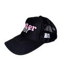 Black Classic Trucker hat from Better not with pink "power bidz" embroidery on the front panel set against a white background, featuring embroidered placements.