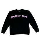 Black Staple Crew sweater from Better not with pink text displayed on a textured premium fleece background.