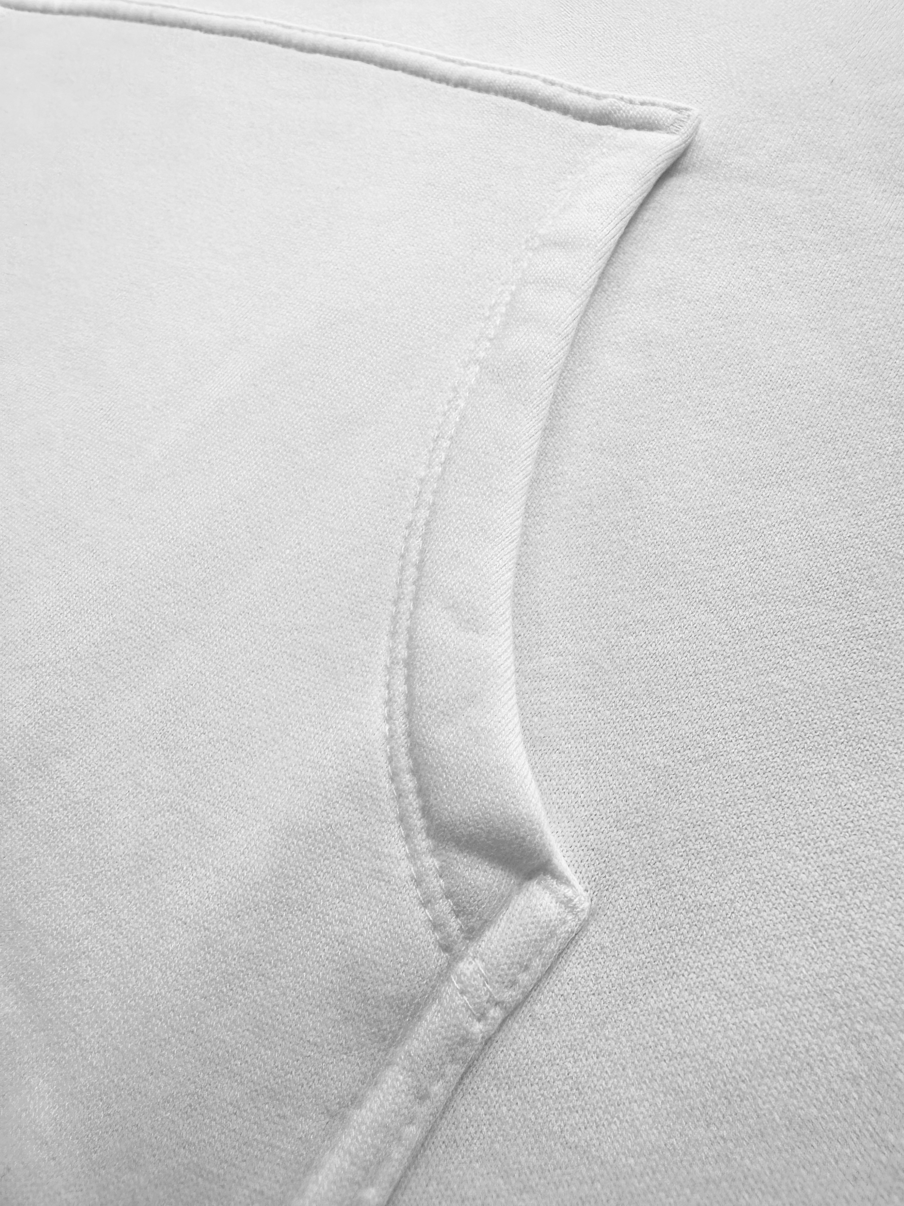 Close-up image of a white fabric pocket on the Have Fun Be "Safe" Hoodie v2 by Better Not, showing the seam and stitch details. The pocket opening is slightly curved, adding to its casual charm.