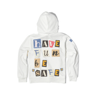 White organic cotton Have Fun Be "Safe" Hoodie by Better not, with colorful block letters on the back, displayed against a light patterned background.