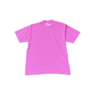 A pink unisex Off-Centered Tee by Better not with a monogram "bm" embroidered in white on the upper back, displayed against a white background.