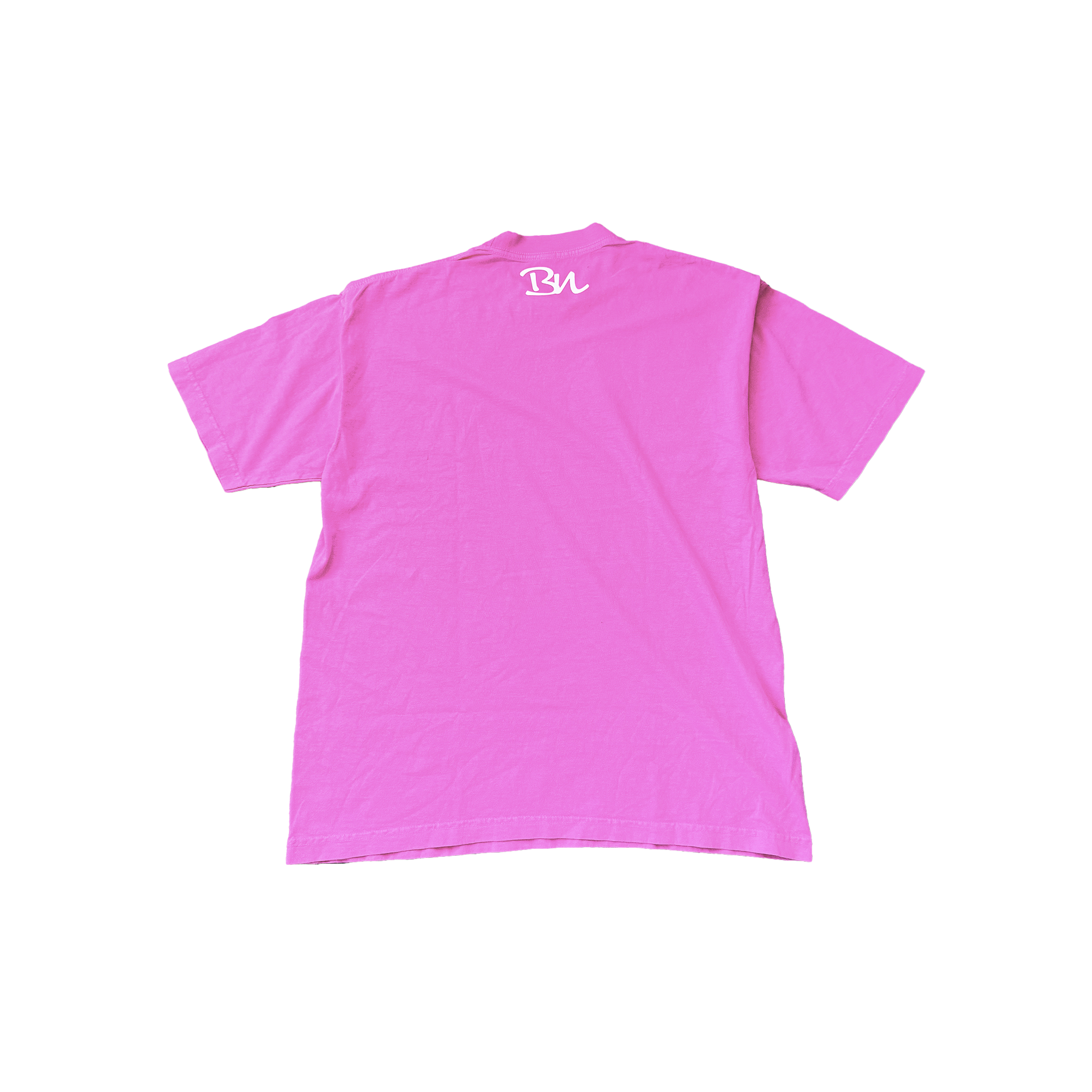 A pink unisex Off-Centered Tee by Better not with a monogram "bm" embroidered in white on the upper back, displayed against a white background.