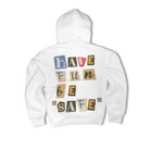 The "Have Fun Be 'Safe' Hoodie v2" by Better Not is a white hoodie made from brushed fleece, featuring the words "have fun be safe" in a vibrant collage of colorful letters on the back. This could easily become your mom's favorite hoodie, proudly made in U.S.A.