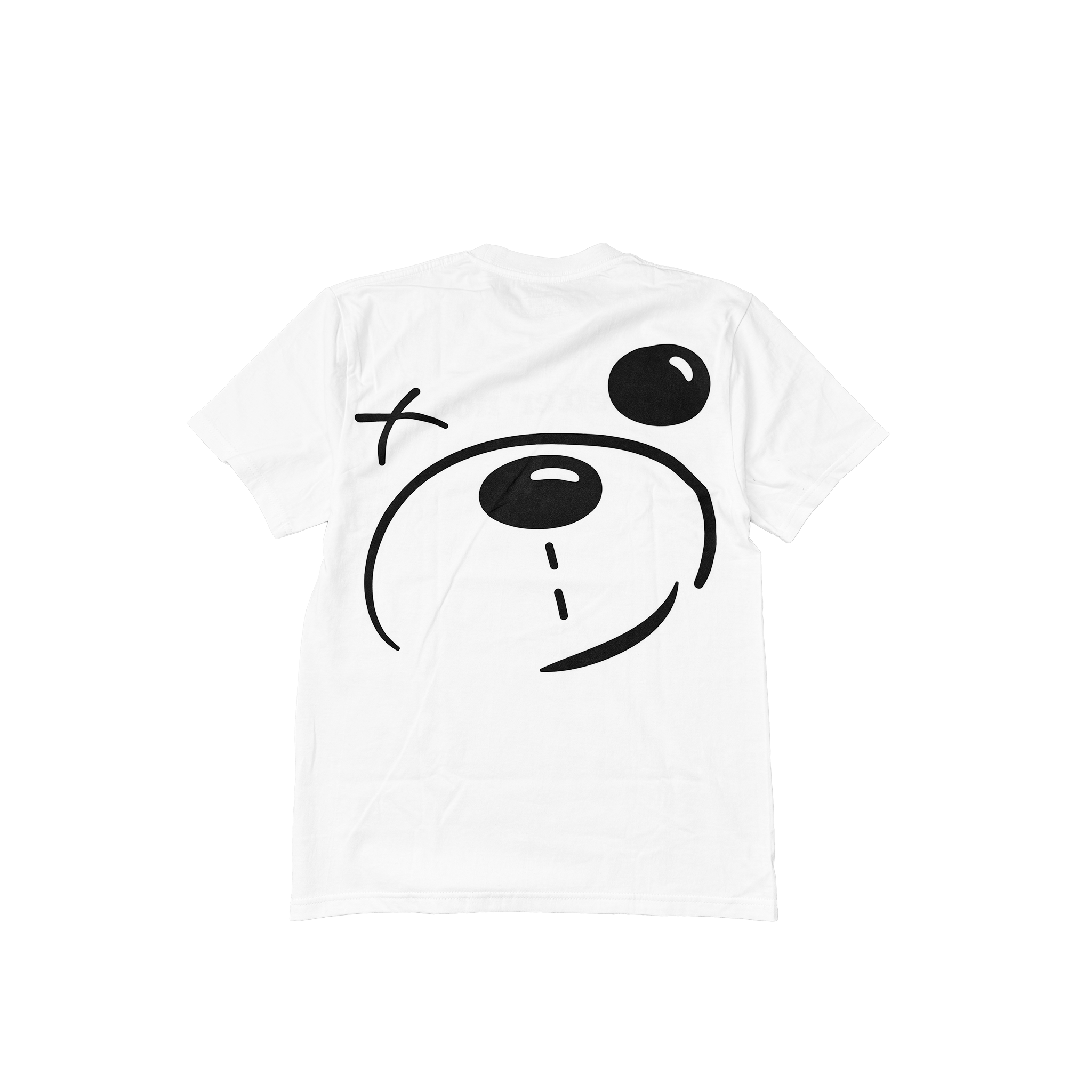 A white oversized Better not Bear Face Tee, featuring a large snout, eyes, and a winking expression, laid flat on a grey surface.