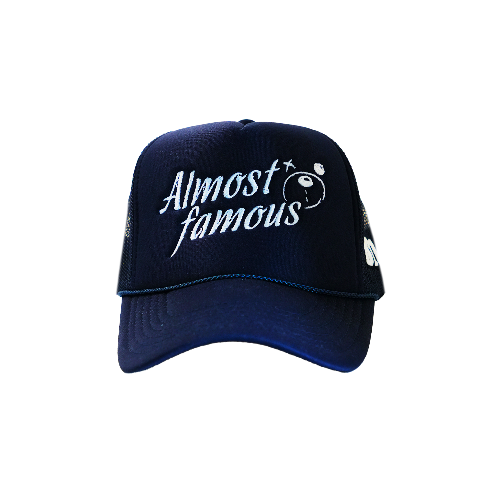 A premium navy blue Almost Famous Trucker baseball cap by Better not with the phrase "almost famous" embroidered in white, accompanied by a small graphic of a smiling face with sunglasses.